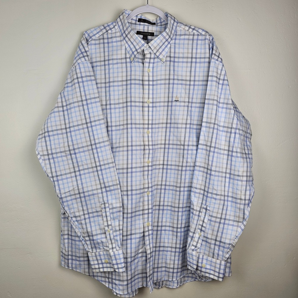Nordstrom Shirt Men XXL Blue White Plaid Classic Fit Long Sleeve Button Up